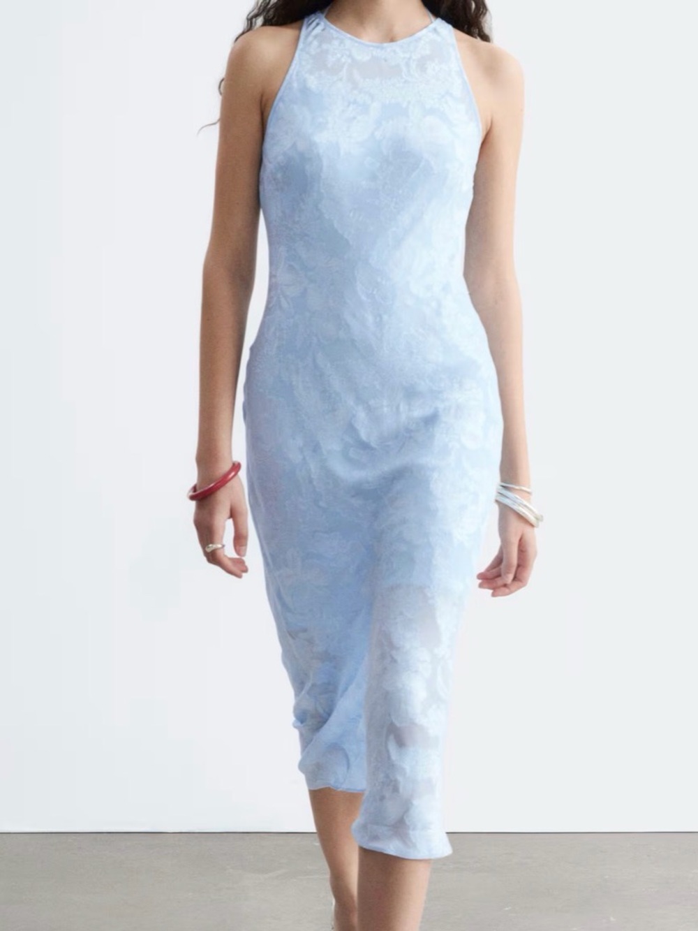 Sleeveless Light Blue Midi Dress with High Neck Silk Blend